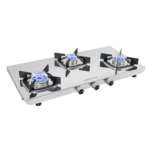Image of Everflame Photon 3 Burner Gas Stove | Manual Ignition | 5G Brass Burners | ISI Certified | SS Cooktop | 5 Years Warranty on (Body & Burners) + 2 Year Comprehensive Warranty + Doorstep Service