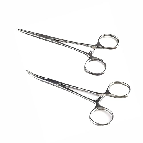 YIQFOCA 2PCS Stainless Steel Hemostat Forceps Set,Curved & Straight Surgical Clamps with Serrated Jaws & Lock for Fishing, First Aid,Crafting,Lightweight Angling Tools