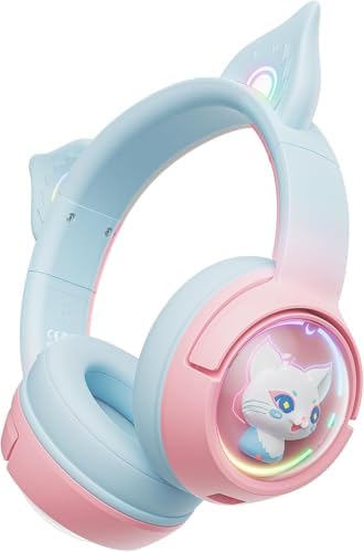 PHNIXGAM Cute Cat Bluetooth Headphones, Wireless & Wired Mode Headset with Mic, RGB LED Light, for Girls Women School Gaming, Compatible with Mobile Phones Tablet (Pink Blue) image 5