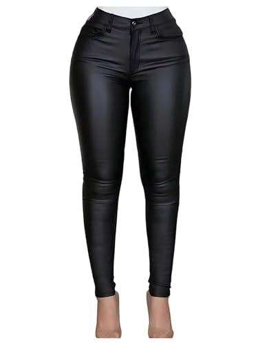 SHENHE Women's PU Leather Skinny Pants Y2K Punk Zipper Fly Trousers Clubwear Black Large