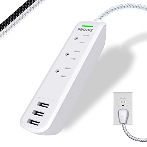 Philips Surge Protector Power Strip, 3 Outlet 6Ft Cord Power Strip, Surge Protector with USB Ports, 3-Prong Flat Plug 360J White, SPP3306WB/37