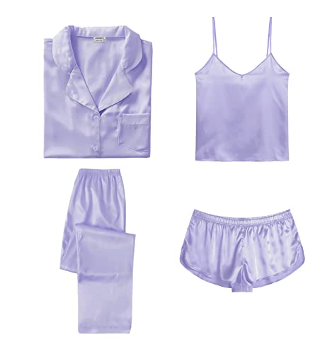 Image of SWOMOG Womens Silk Satin Pajamas Sets 4pcs Sleepwear Sexy Cami Shorts Set and Button Down Short Sleeve Pjs Loungewear Solid Color Lavender Small