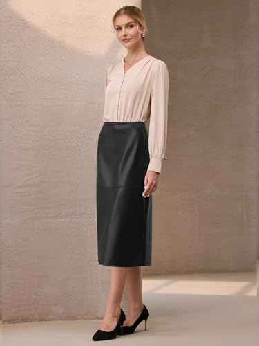 Women's Faux Leather Skirt PU High Waist Business Casual Knee Length Skirts3