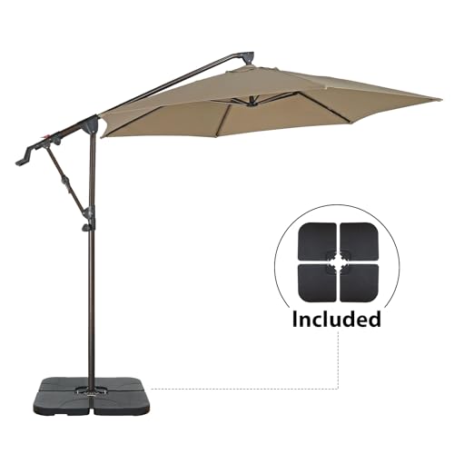 COBANA 10ft Offset Patio Umbrella with Base Included, Hanging Outdoor Umbrella with Water Sand Filled Umbrella Stand Weights, Beige
