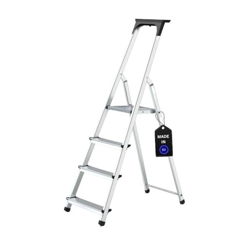 PROREGAL Stufenstehleiter Atlas mit Werkzeugablage | einseitig begehbar | 4 Stufen | Arbeitshöhe 2,75m | Traglast 125kg | Alu Leiter Vielzweckleiter Klappleiter Haushaltsleiter Arbeitsleiter PROREGAL Stufenstehleiter Atlas mit Werkzeugablage | einseitig begehbar | 4 Stufen | Arbeitshöhe 2,75m | Traglast 125kg | Alu Leiter Vielzweckleiter Klappleiter Haushaltsleiter Arbeitsleiter