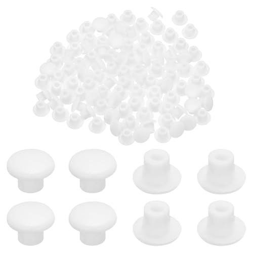 Image of MECCANIXITY 100pcs Plastic Hole Plugs, 5mm (3 /16 Inch) White Screw Caps Cover Snap in Locking Round Button Top Shelf Plugs for Cabinet Cupboard Bookcase License Plate Furniture