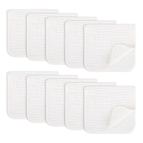 Muslin Burp Cloths Set for Babies 100% Cotton Baby Washcloths, Large 20''x10'' Extra Absorbent and Soft 10 Pack for Boys & Girls White