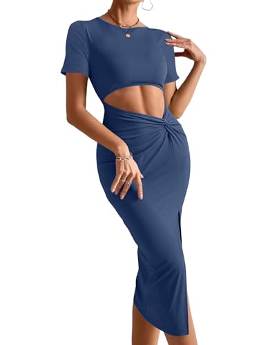 Image of Rooscier Women's Twist Cutout Waist Split Crewneck Short Sleeve Bodycon Midi Dress