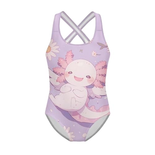 Image of Girls One Piece Swimsuit Axolotl Cross Back Straps Bathing Suit Lightweight Quick Dry Gymnastics Leotard