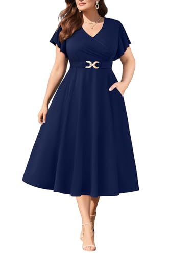 Pinup Fashion Women Plus Size Dresses for Wedding Guest - Cocktail Semi Formal A-Line Midi Dress with Pockets