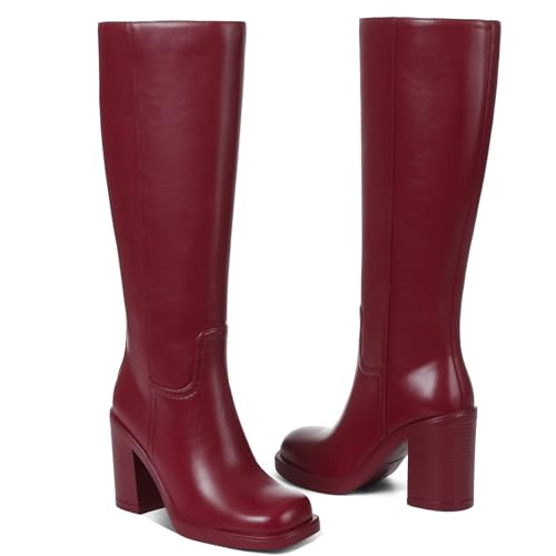 CYNLLIO Knee High Boots Women Red Platform Gogo Boot Thigh High Wide Calf Botas w/ 3.54