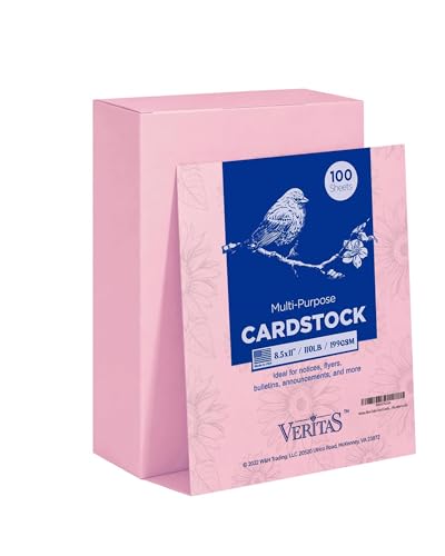 Veritas Pink Colored Cardstock 8.5 x 11 Colored Copy paper 110LB/199GSM Printer Paper 100 Sheets Colored Multi-Purpose Pink Paper Made in USA