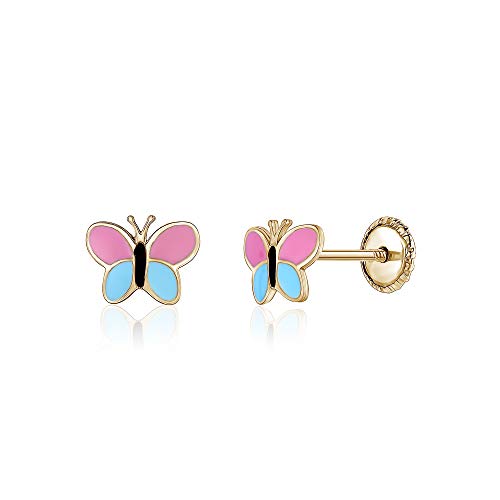 14k Yellow Gold Butterfly Screwback Earrings Girls or Babies with Colorful Enamel