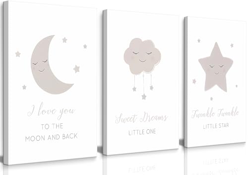 Image of Framed Nursery Wall Art Beige Boho Moon Stars Cloud Canvas Wall Decor Neutral Nordic Baby Gentle and Sweet Cartoon Pictures Prints Posters for Boys Girls Bedroom Kids Room Ready To Hang 12x16inx3