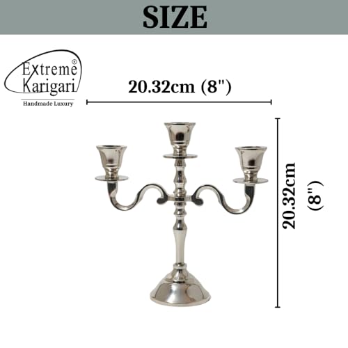 Image of Aluminum Metal 3-Arm 8inch German Silver Candelabra for Dining Table | Vintage Candle Stand for Romantic Dinner, Home & Wedding Decor