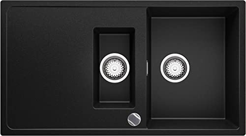 Lavabo Cuisine en Granit Noir, 90 x 50 cm, Evier 1,5 bac + Siphon Automatique, Évier à Encastrer de Primagran Cover