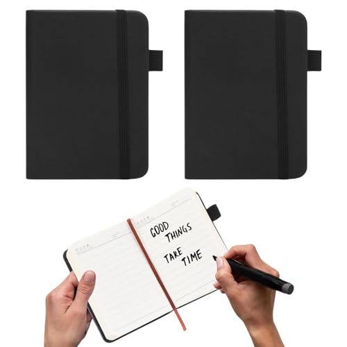 CANCYCC Cuaderno A7, 2 unidades, cuaderno de bolsillo, pequeño diario, mini bolsillos, pequeño cuaderno de piel negra para trabajo de oficina, trabajo, universidad