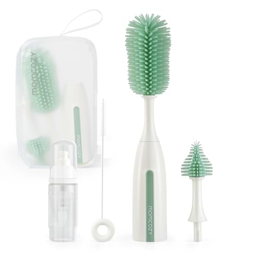 Momcozy Bottle Brush Kit Pro, Innovative Push-Press Design for Deep Cleaning - Bottle Cleaner Brush for Bottle/Breast Pumps/Nipple - Clog-Free Brush & Foam-Generating Design for Better Cleaning, Green