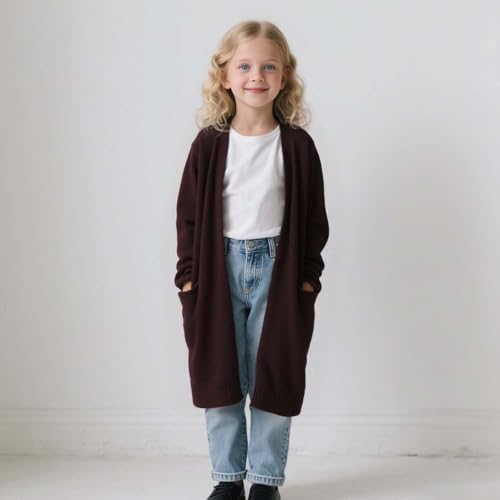 Girls Casual Fashion Long Cardigan Plus Size Plain Open Front Sweater Trave Holiday Outerwear with Pockets Size 3-114
