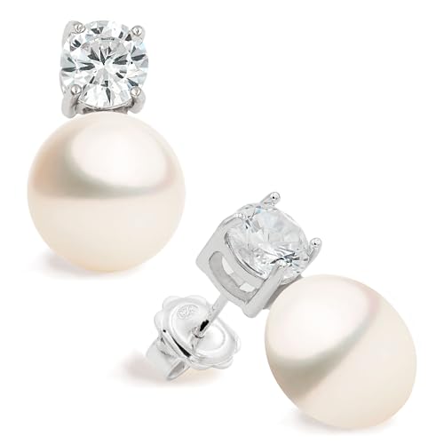 Women Pearl Stud Earrings, Fresh Water Cultured Pearls Button Shape with a Zirconia Stone Secret & You | Sterling Silver 925 Rhodium Plated with big backs or Omega.
