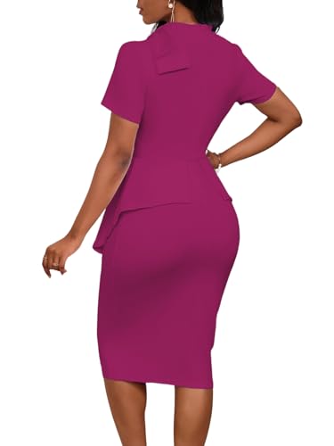 Image of WanMem Women Formal Bodycon Peplum Cocktail Dress Short Sleeve Bow Ruffle Pencil Party Midi Dresses