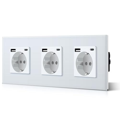 Prise murale Schuko triple encastrable USB-C blanche 228mm pour rénovation