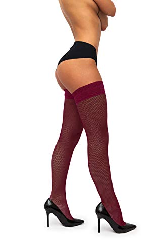 sofsy Fishnet Thigh-High Stockings - Lace Top Lingerie [Made In Italy] - Bordeaux - Medium/Large