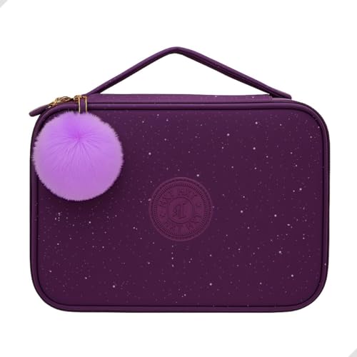 Estojo Escolar Box Grande, com Pompom, Glitter, Alça e Zíper, 29 Elásticos para canetas, lapiseiras ou lápis | Volta as Aulas, Material Escolar, Papelaria Fofa Criativa 23x15cm (Roxo)