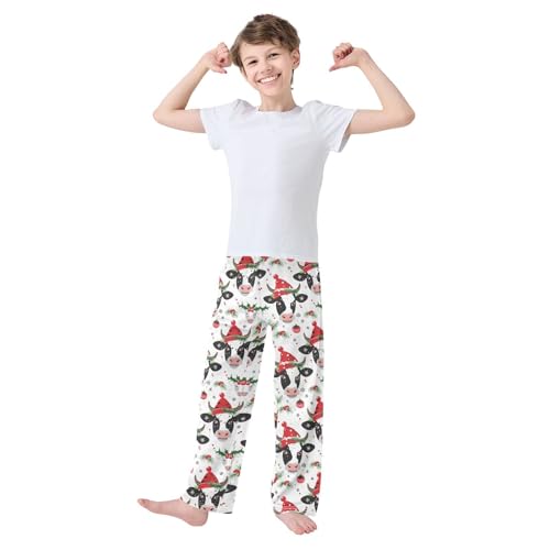 ZZXXB Cow with Xmas Hat Boys Long Pants Soft Trousers Elastic Waist Kids Lounge Bottoms with Pockets S-XL2