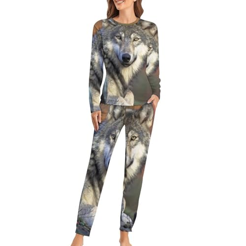 Pyjama femme Loup ensemble avec t-shirt manches longues et pantalon homewear