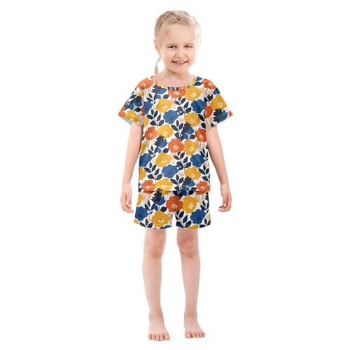 Blue Yellow Cute Flower Pattern Summer Cute Pajama Sets, Short Sets for Daily Wears and Sleep Wears3
