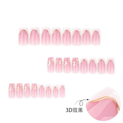 Image of 24Pcs White French Tip Press on Nails Flower Fake Nails with 3D Gold Line Design Medium Square Stick on Nail Glossy Full Cover Nail for Women Manicure