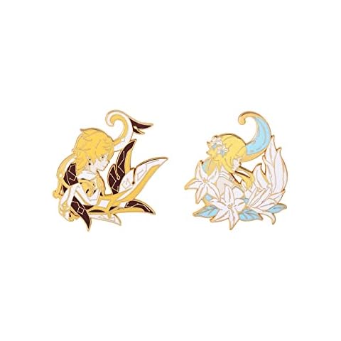 ROSETOR 2pcs Genshin impact Pin Alloy Pins Anime Badge Cartoon Character Brooch Pins Collection Bags Button Bad(Aether/Lumine) Cover