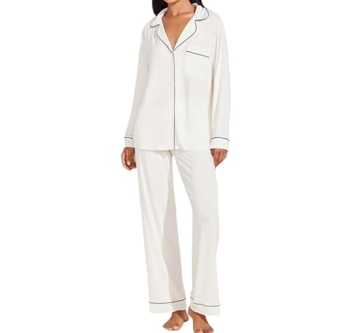 Men's Modal Thin Long Sleeve Sleepwear V Neck Lapels Button-Down Pajamas Set Casual Loungewear Two-Piece(White,Medium)