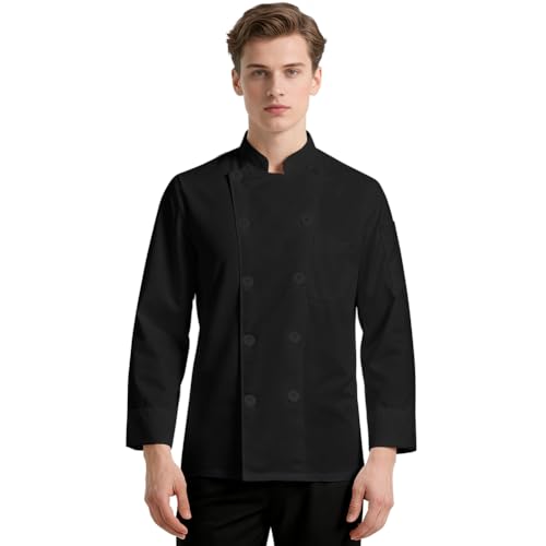 DiULi Chaquetilla Chef Hombre y Mujer, Chaqueta de Chef Manga Larga, Chaquetas Cocinero, Casaca Cocina Uniforme con Botónes, Abrigo de Trabajo Camarero Unisex para Hosteleria,Cocina,Restaurante Negro
