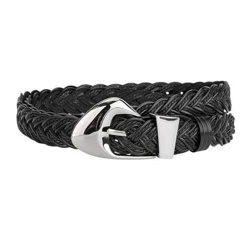 Women's Braided Belt Skinny Casual Leather Hand-Woven Belt for Jeans Pants with Silver Buckle