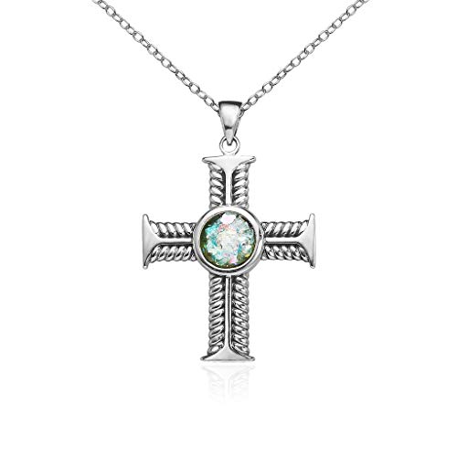 Solidsilver - Sterling Silver Textured Cross Pendant Necklace With Genuine Ancient Roman Glass Stone #TOP8