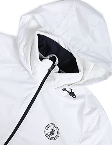 Image of Men White Placement Brand Print Hooded Polyester Casual Jacket