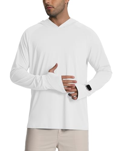 Hotfiary Mens Long Sleeve Fishing Hoodie Shirts UPF 50+ Sun Protection Hiking Rash Guard Athletic Running Workout Quick Dry White