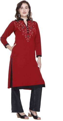 Image of Rosary Women's Winter Woolen Kurti Embroidered Straight Fit Ethnic Wear with 2 Side Pockets