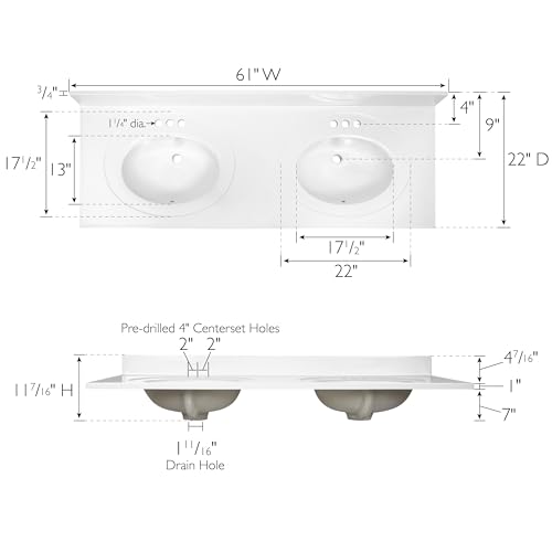 Image of Design House Cultured Marble Vanity Top, 61 in W x 22 in D, 2 Integrated 4 in Centerset Oval Sink & Backsplash, Solid White, 597393