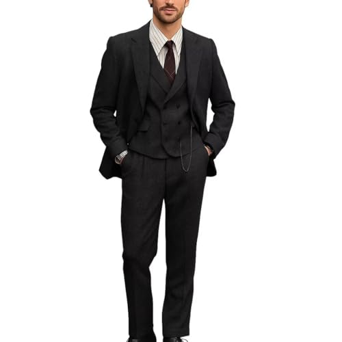 3 Piece Tweed Herringbone Black Suits for Men, Slim Fit Business Suits Prom Party Wedding Tuxedo Jacket Pants Vest