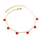 Dainty Heart Adjustable Anklet Bracelets for Women Cute Stainless Steel Gold Plated Hearted Dangle Charm Enamel Ankle Bracelet Chain Fashion Summer Foot Jewelry (Gold Tone Red Enamel)