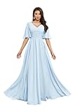 ZRSFGT 1/2 Sleeve Bridesmaid Dresses Plus Size Chiffon V Neck Ruched Sky Blue Evening Dress 18W