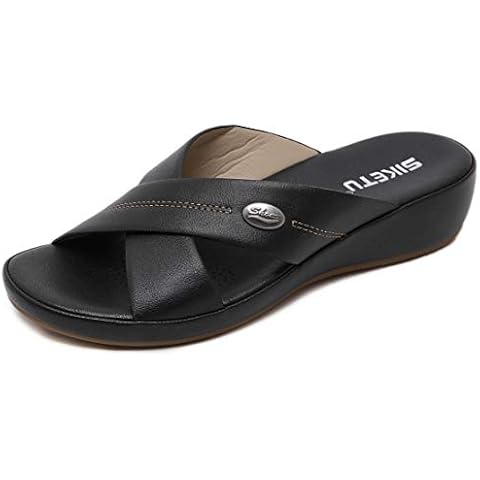 ChayChax Women's Leather Slide Sandals Comfort Slippers Ladies Slip on Low Wedge Summer Shoes Casual Non Slip Indoor Outdoor Mules, B Black, 5 UK Cover