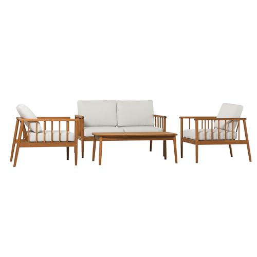 Walker Edison Modern Outdoor 4-Piece Spindle-Side Solid Eucalyptus Wood Patio Chat Set, Set of 4, Brown
