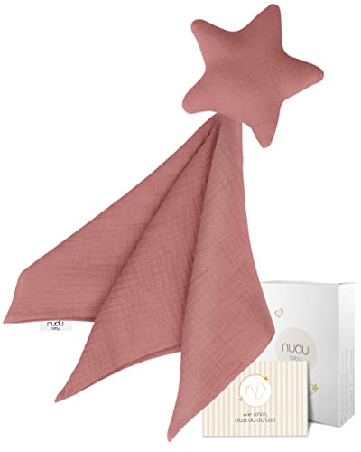 nudu Baby - Schmusetuch - Schnuffeltuch aus 100% Musselin Baumwolle - Kuscheltuch Stern + Geschenkkarte - Tröster für Mädchen & Junge - Altrose Cover