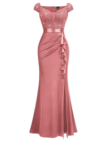Image of Miusol Women's Vintage V-Neck Slim Ruffle Split Evening Formal Maxi Dress