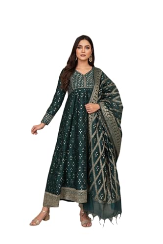 Kurta Anarkali Vert XL avec Pantalon et Dupatta au Motif Géométrique Jacquard