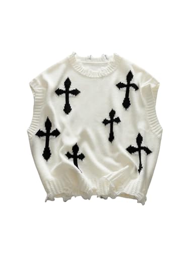 ZAFUL Cross Print Sweater Vests Sleeveless Rund Neck Knit Tank Top Casual Pullover Sweater Vest
